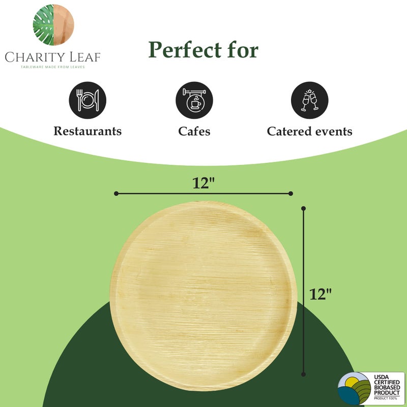 Charity Leaf Disposable Palm Leaf 12" Round Plates (25 pieces) Bamboo Like Serving Platters, Disposable Boards, Eco-Friendly Dinnerware For Weddings, Catering, Events - Image 3